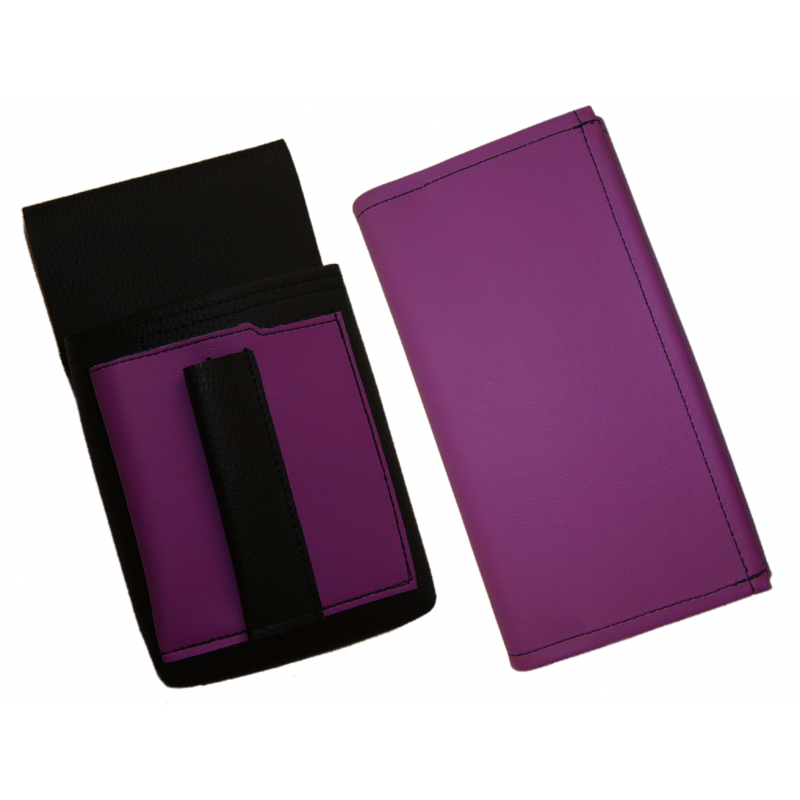 Koženkový set - peňaženka (fialová, 2 zipsy) a vrecko s farebným prvkom