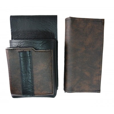 Kunstlederset - Brieftasche (schwarz-braun, 2 Reißverschlüsse) und Futteral mit einem farbigen Element